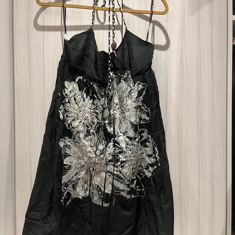 Miss Me Black & Silver Painted Floral Halter Dress, rope detail and beads to tie